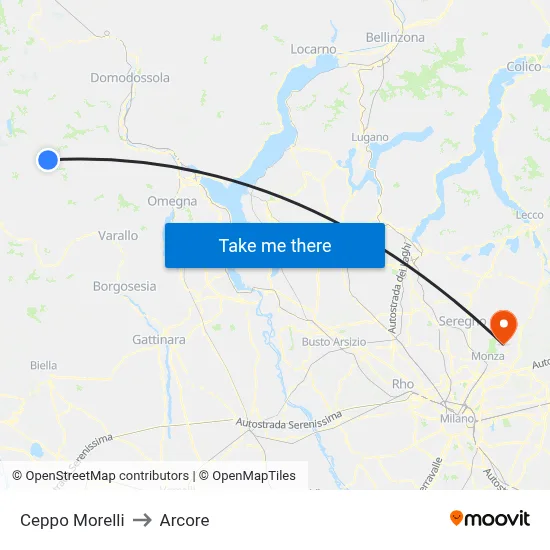 Ceppo Morelli to Arcore map