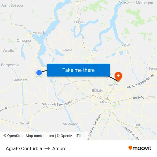 Agrate Conturbia to Arcore map