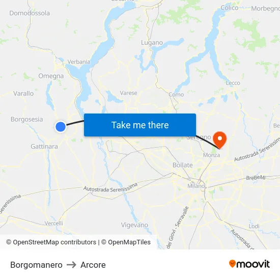 Borgomanero to Arcore map