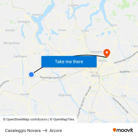 Casaleggio Novara to Arcore map