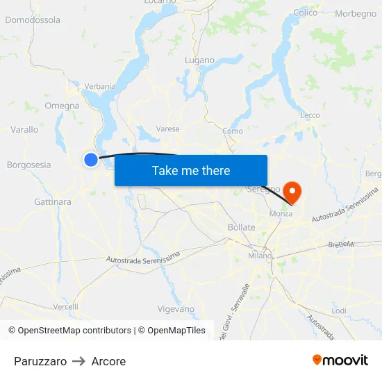 Paruzzaro to Arcore map