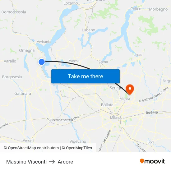 Massino Visconti to Arcore map