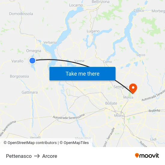 Pettenasco to Arcore map
