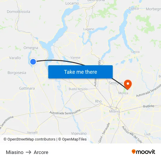 Miasino to Arcore map