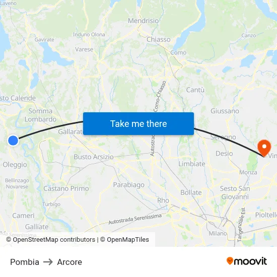Pombia to Arcore map