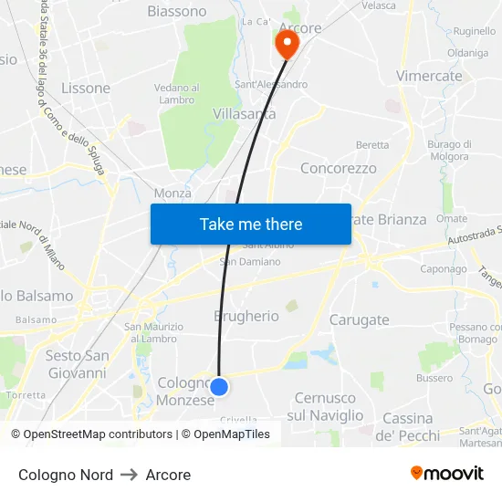Cologno Nord to Arcore map