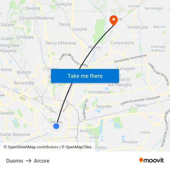 Duomo to Arcore map