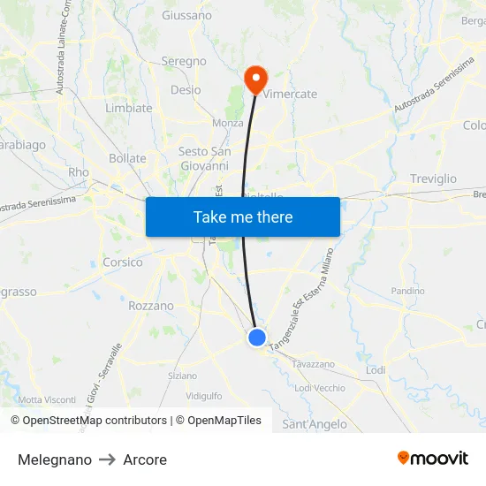 Melegnano to Arcore map