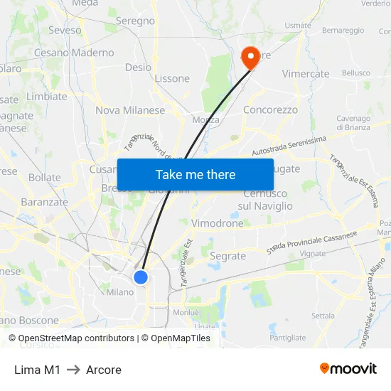 Lima M1 to Arcore map