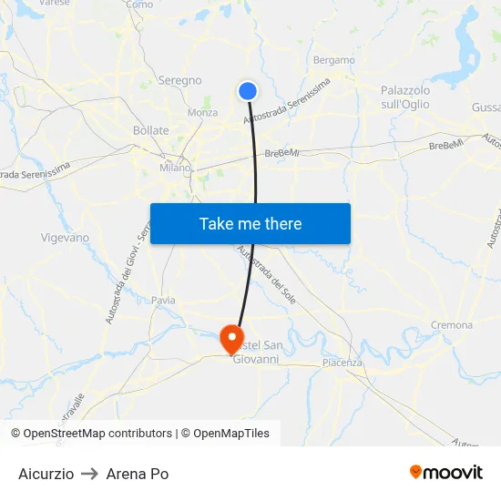Aicurzio to Arena Po map