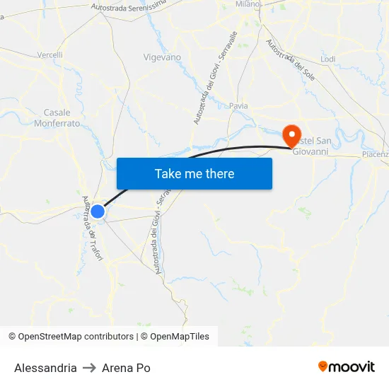 Alessandria to Arena Po map