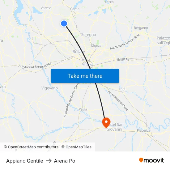 Appiano Gentile to Arena Po map