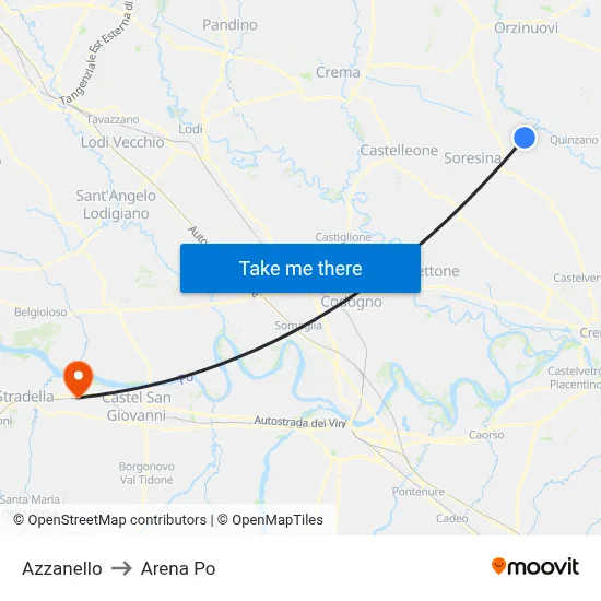 Azzanello to Arena Po map