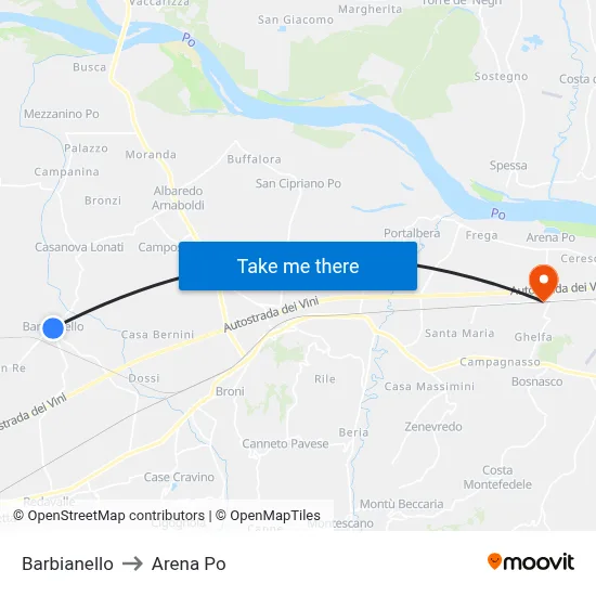 Barbianello to Arena Po map