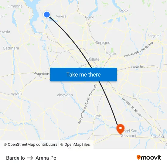 Bardello to Arena Po map