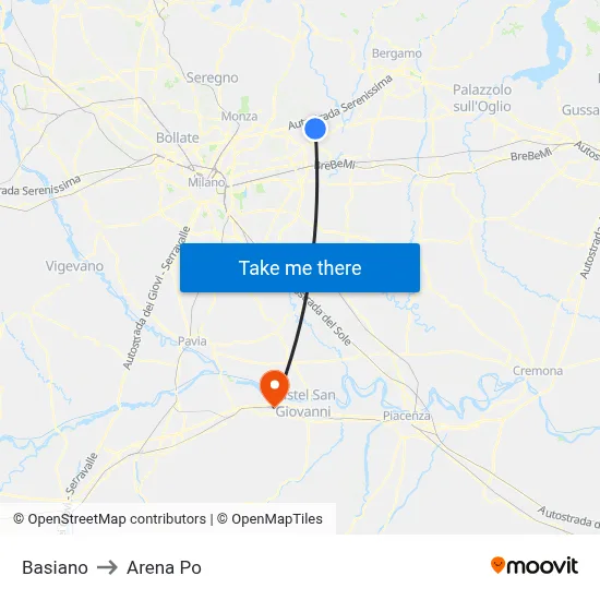 Basiano to Arena Po map