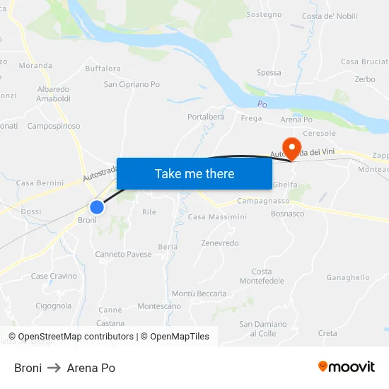 Broni to Arena Po map