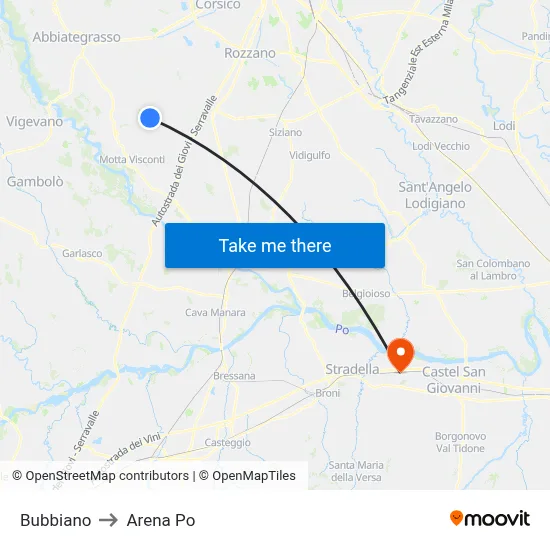 Bubbiano to Arena Po map