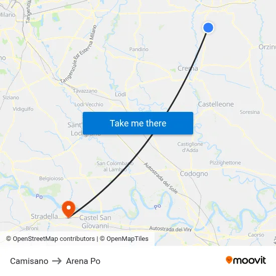 Camisano to Arena Po map