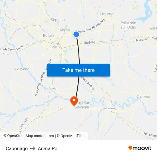 Caponago to Arena Po map