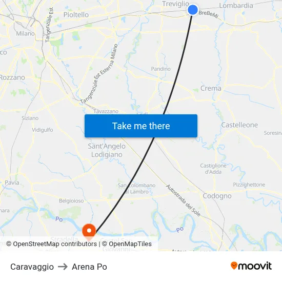Caravaggio to Arena Po map