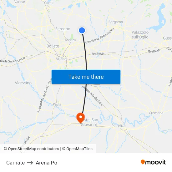 Carnate to Arena Po map
