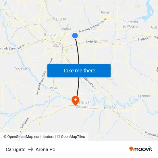 Carugate to Arena Po map