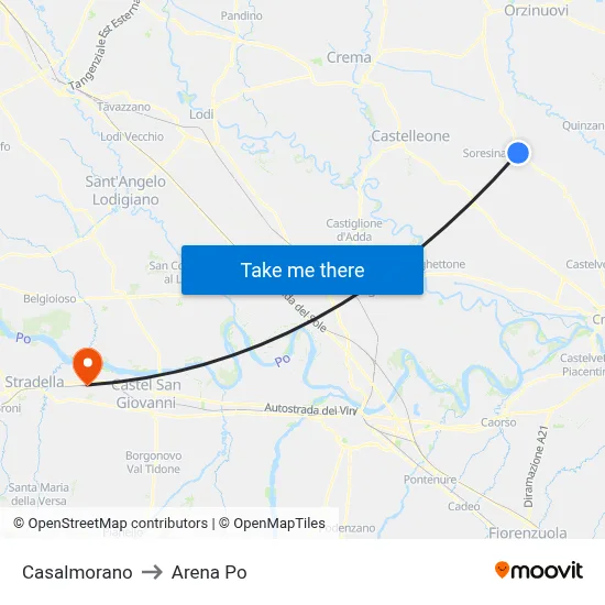 Casalmorano to Arena Po map