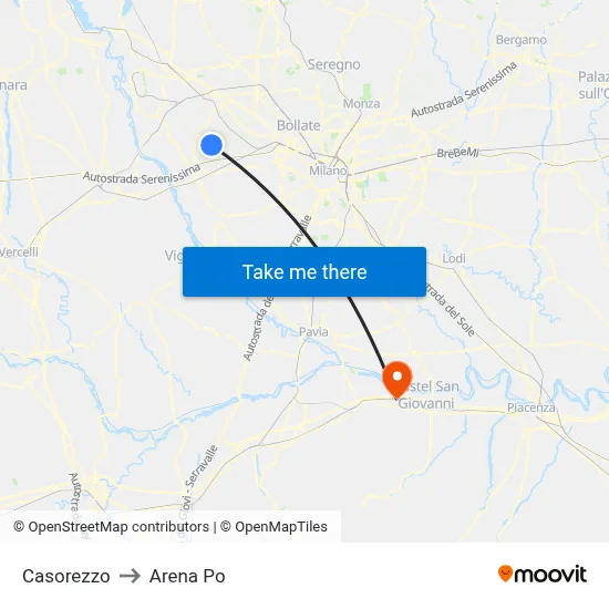 Casorezzo to Arena Po map