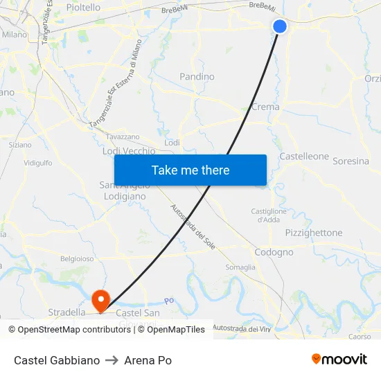Castel Gabbiano to Arena Po map