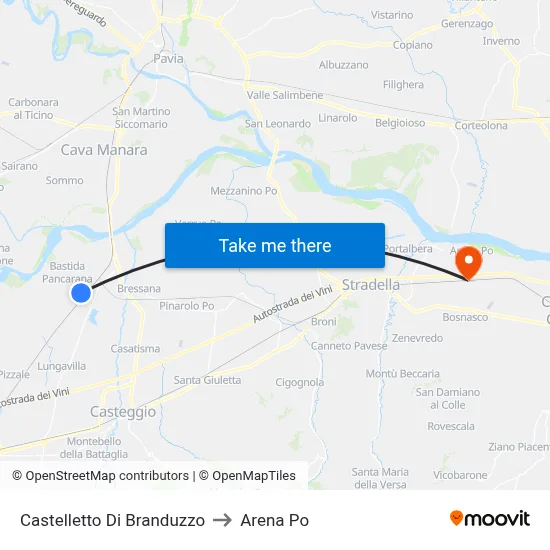 Castelletto di Branduzzo to Arena Po map