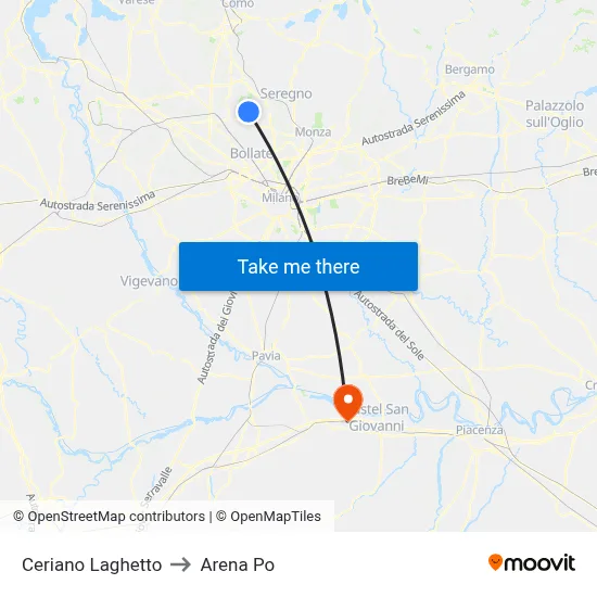 Ceriano Laghetto to Arena Po map