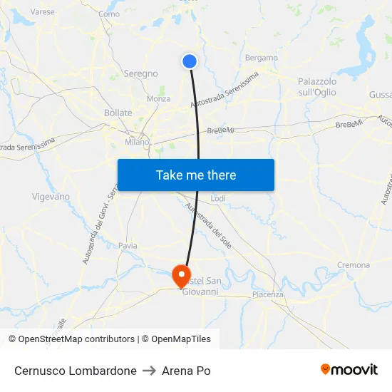 Cernusco Lombardone to Arena Po map