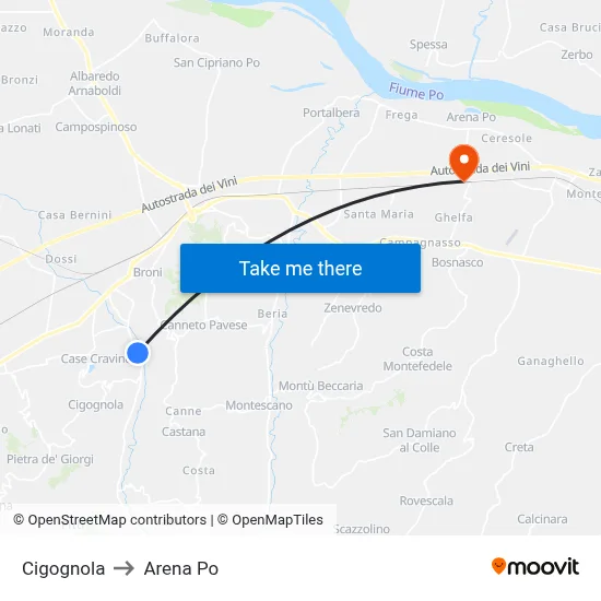 Cigognola to Arena Po map