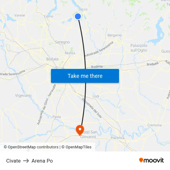 Civate to Arena Po map