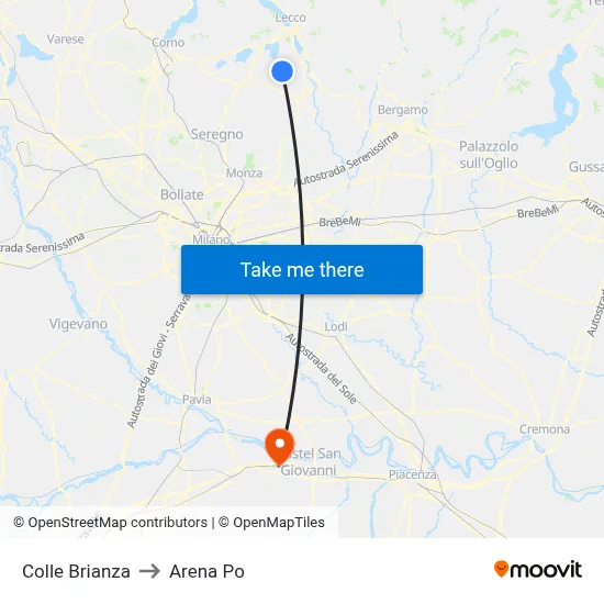 Colle Brianza to Arena Po map