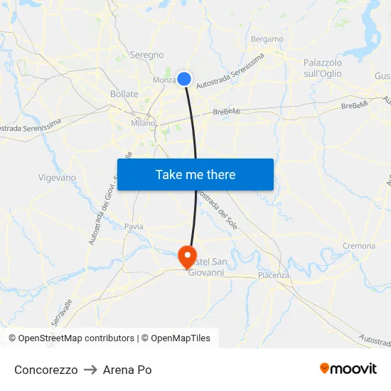 Concorezzo to Arena Po map