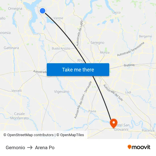 Gemonio to Arena Po map