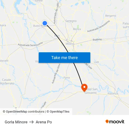 Gorla Minore to Arena Po map