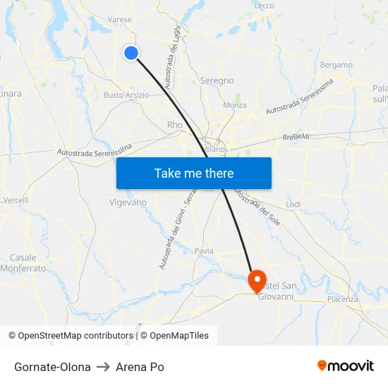 Gornate-Olona to Arena Po map
