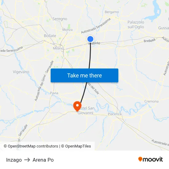 Inzago to Arena Po map