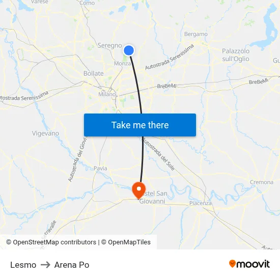 Lesmo to Arena Po map