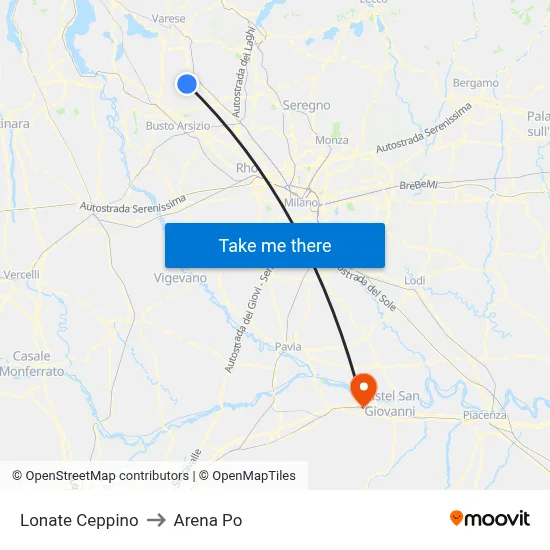 Lonate Ceppino to Arena Po map