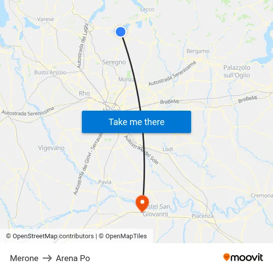 Merone to Arena Po map