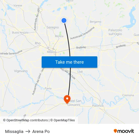 Missaglia to Arena Po map
