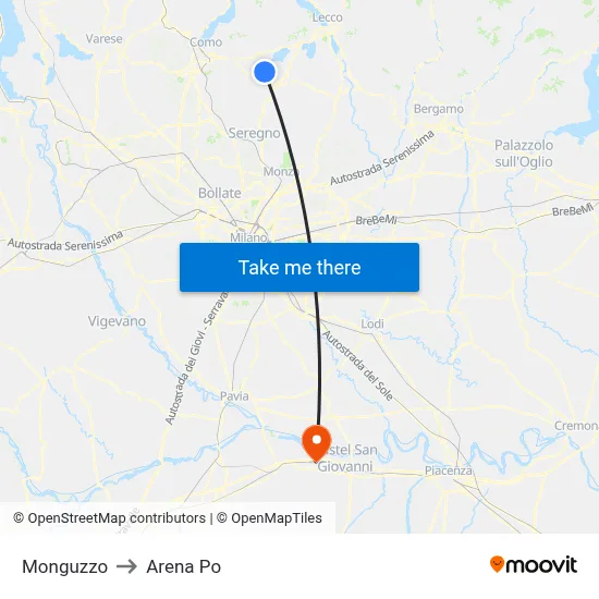 Monguzzo to Arena Po map