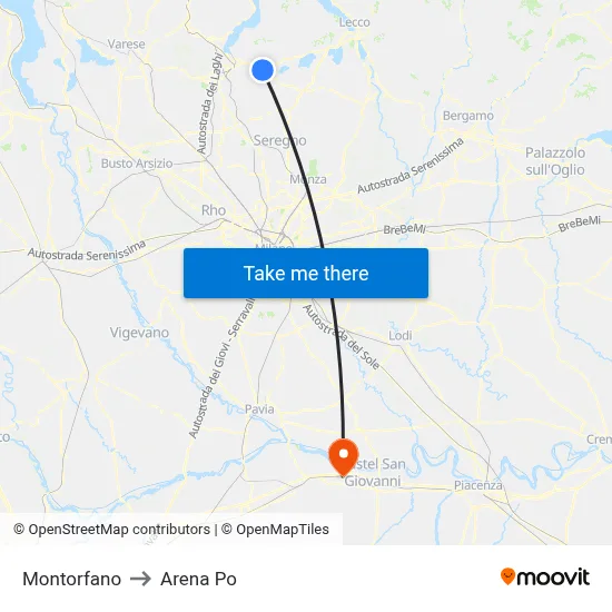 Montorfano to Arena Po map