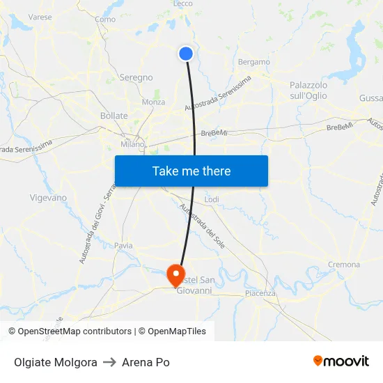 Olgiate Molgora to Arena Po map