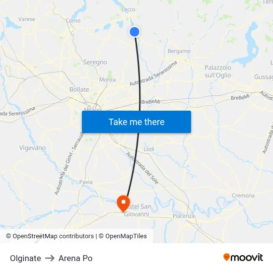 Olginate to Arena Po map