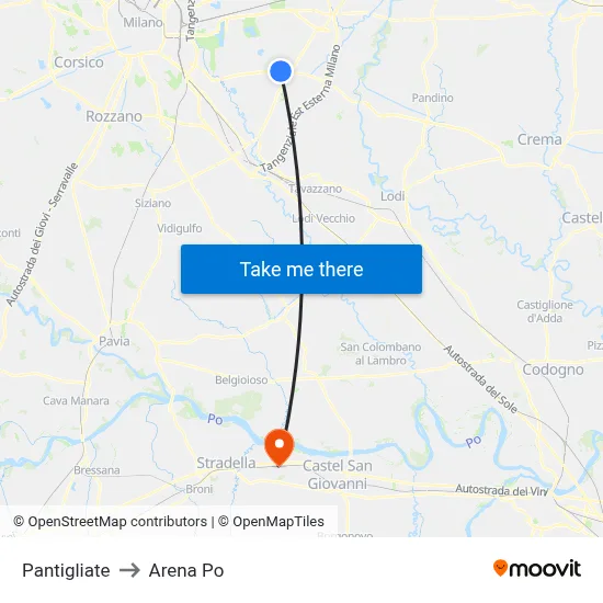 Pantigliate to Arena Po map